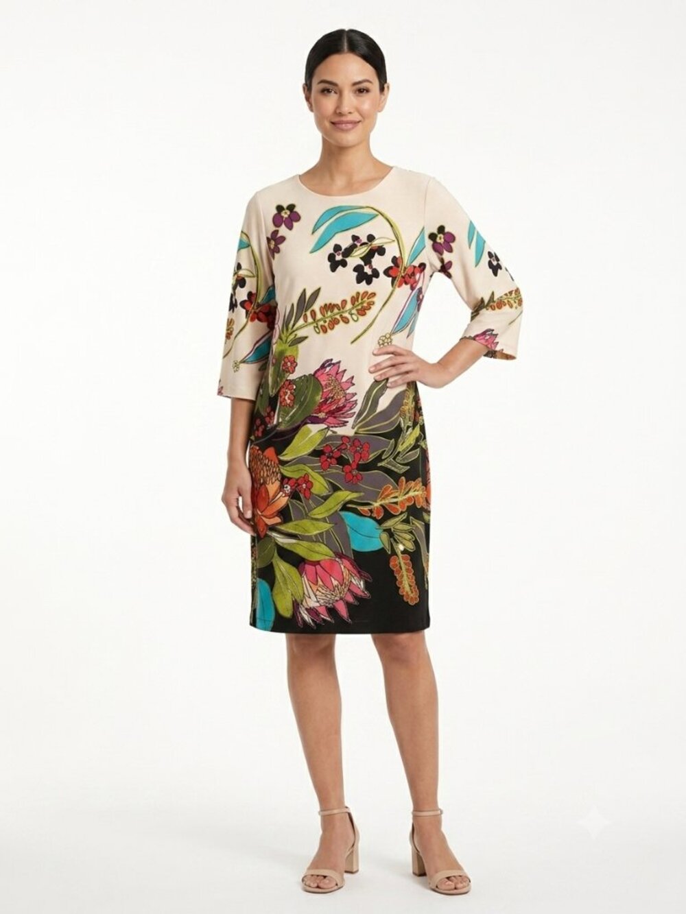 Chico's NWT Floral Tropical Print Shift Dress 3/4 Bell Sleeve US 8/10 OfficeWear